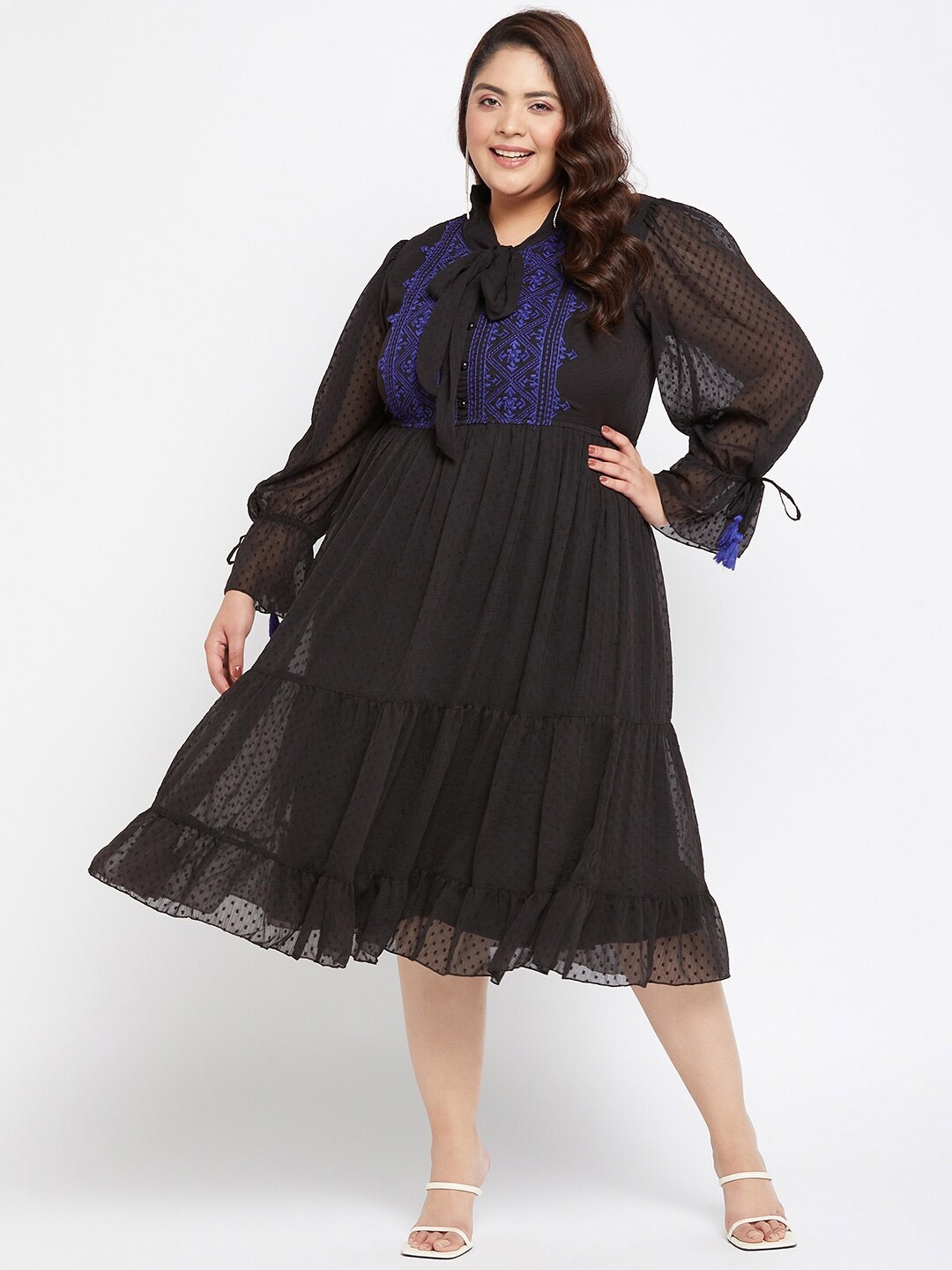 

Antheaa Curve Plus Size Puff Sleeve Chiffon Fit & Flare Midi Dress, Black