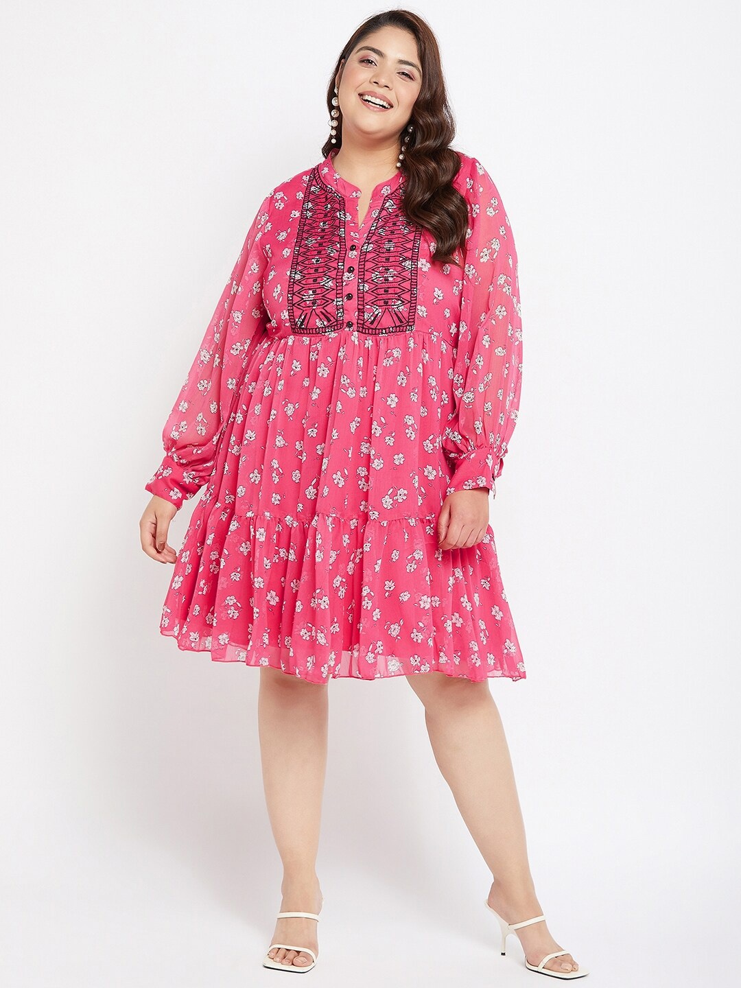 

Antheaa Curve Floral Print Puff Sleeve Chiffon Fit & Flare Dress, Pink