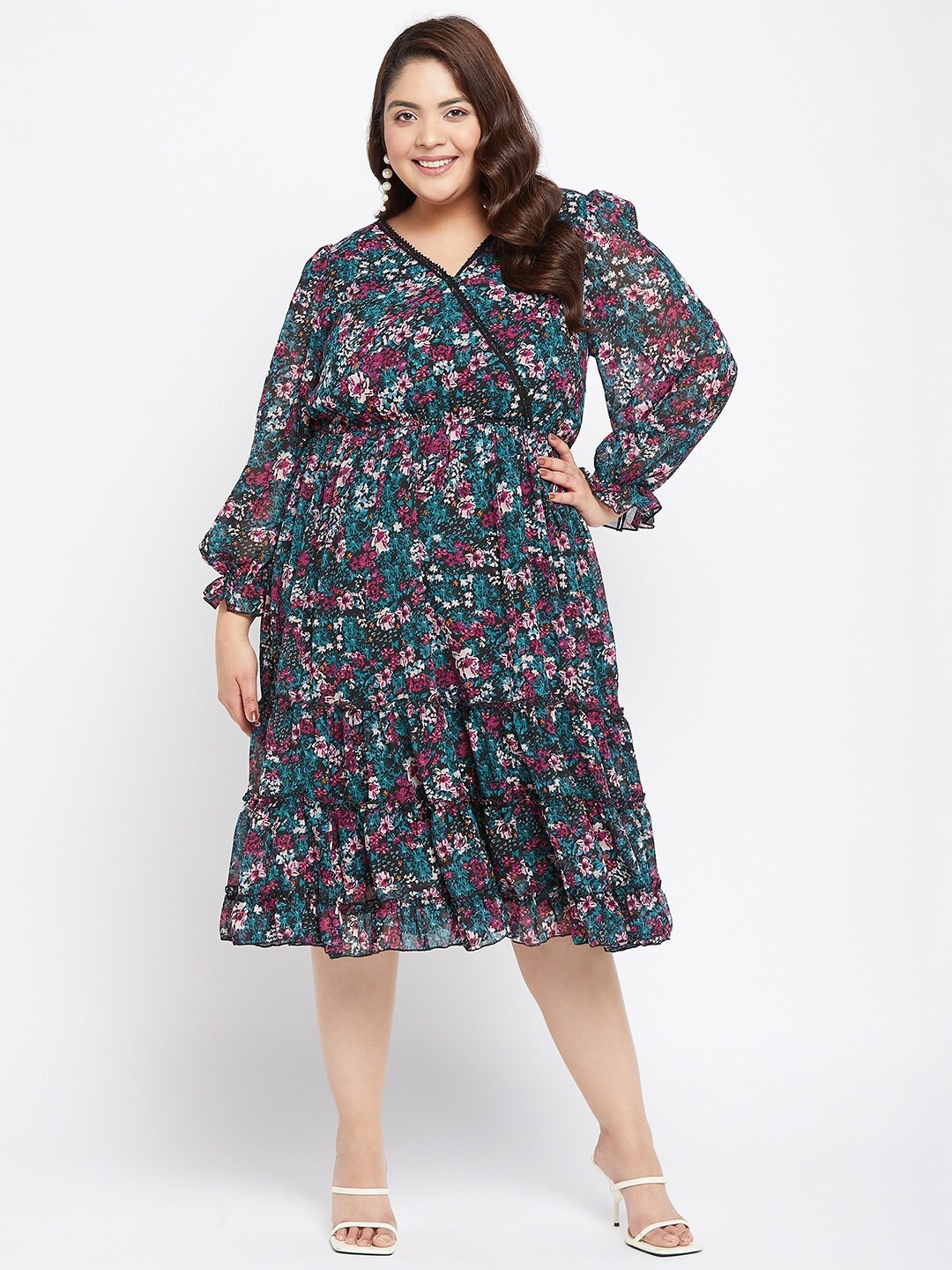 

Antheaa Curve Floral Print Bell Sleeve Chiffon Fit & Flare Midi Dress, Black