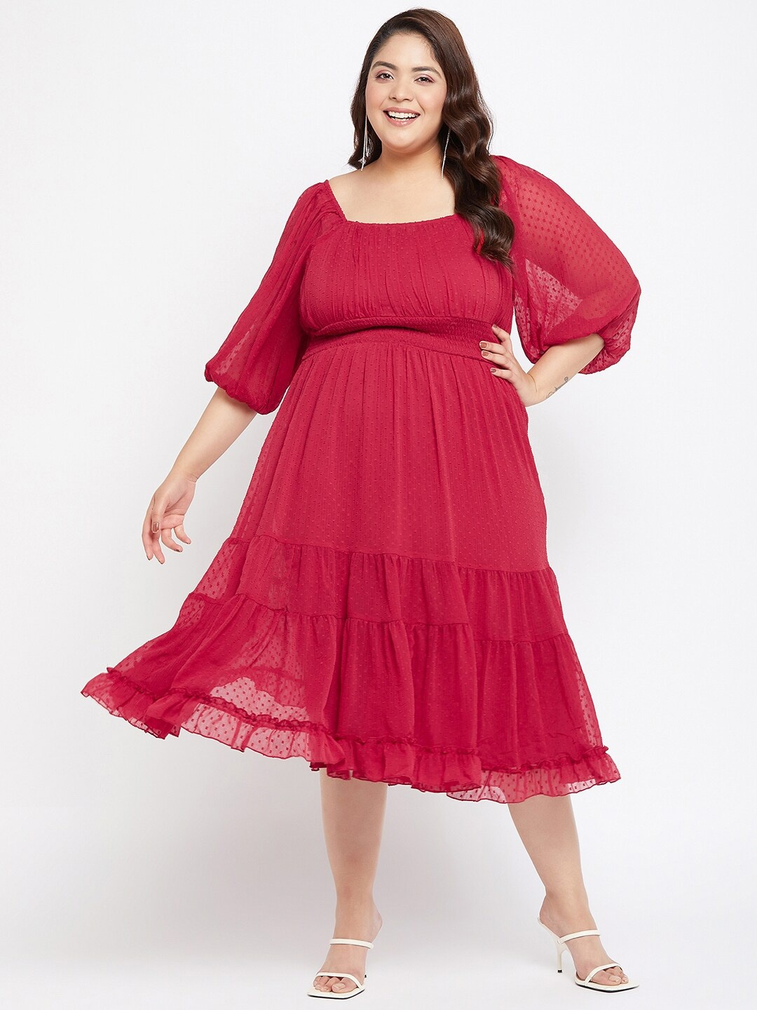 

Antheaa Curve Puff Sleeve Chiffon Empire Midi Dress, Red