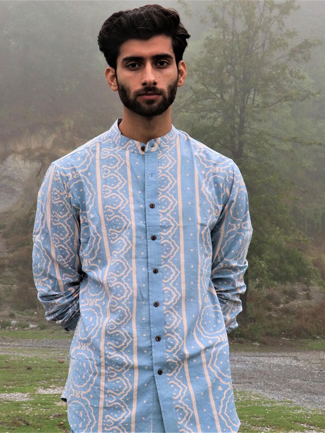 

Chidiyaa Ethnic Block Printed Mandarin Collar Cotton Standard Casual Shirt, Blue