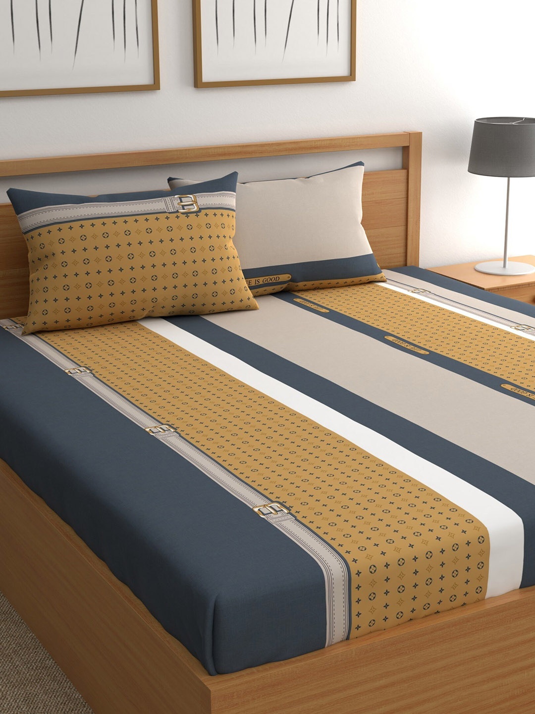 

CHHAVI INDIA Yellow & Blue Striped 210 TC Queen Bedsheet & Pillow Covers