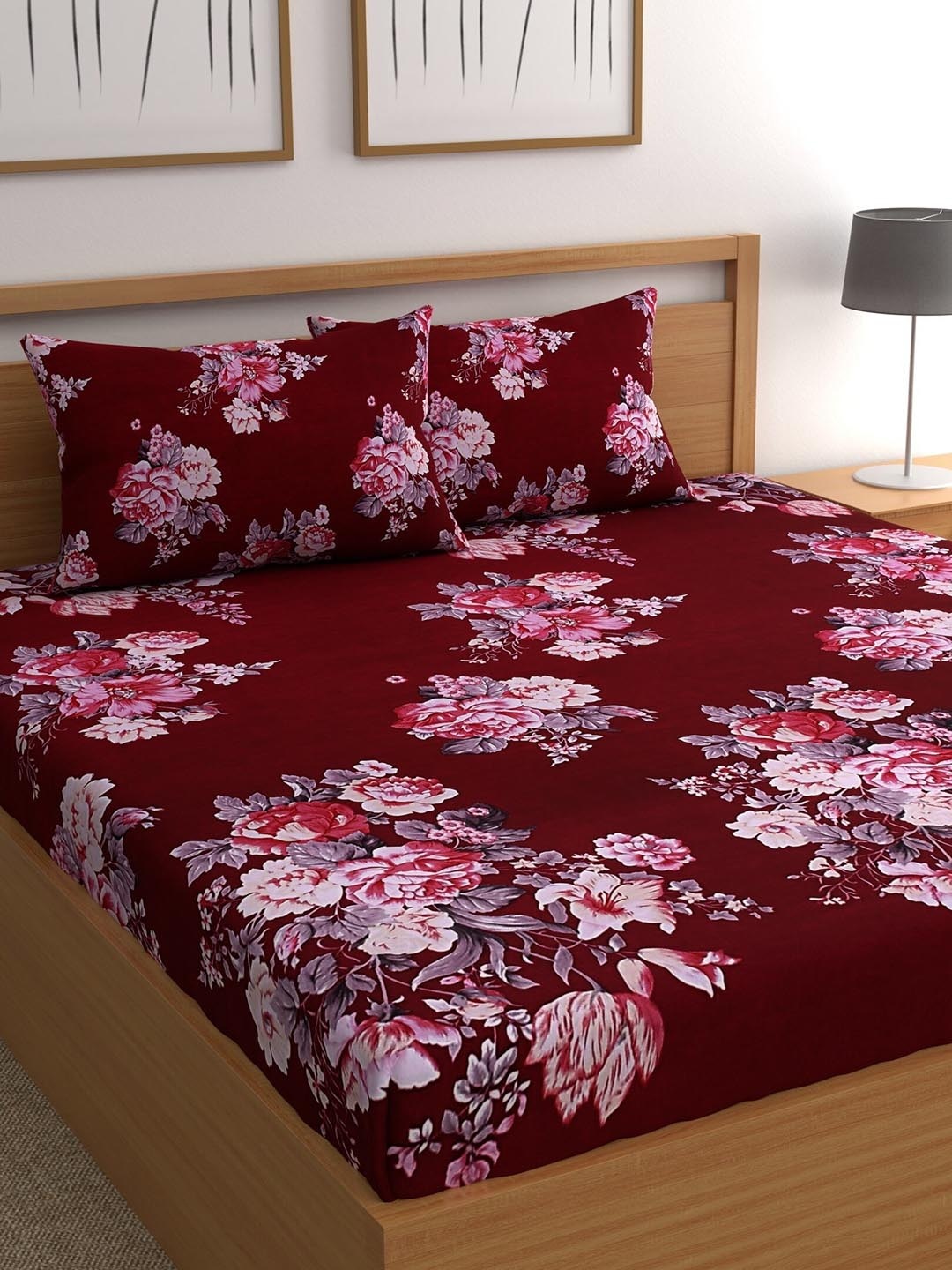 

CHHAVI INDIA Red & Pink Floral Printed 210 TC Queen Bedsheet & Pillow Covers