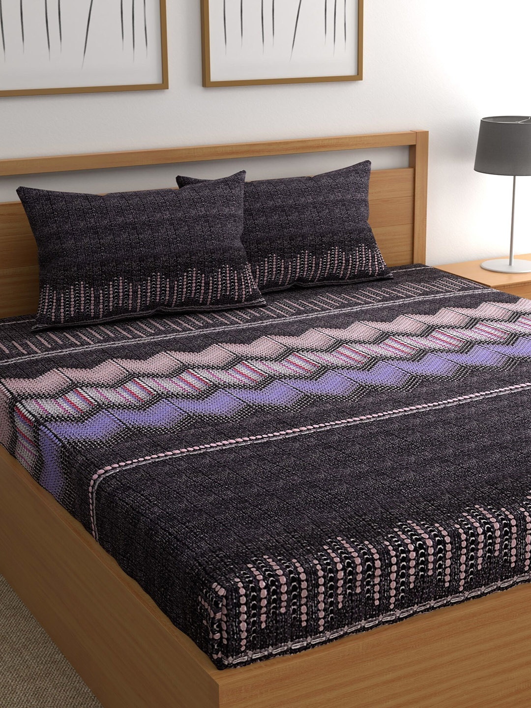 

CHHAVI INDIA Black & Purple Printed 210 TC Queen Bedsheet & Pillow Covers