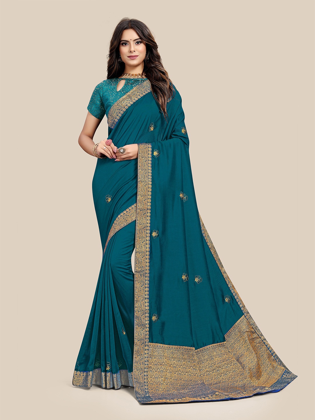 

UNITED LIBERTY Ethnic Motifs Embroidered Art Silk Saree, Teal