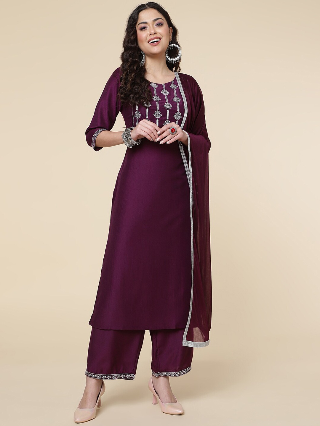 

J Turritopsis Floral Yoke Design Kurta with Palazzos & Dupatta, Burgundy