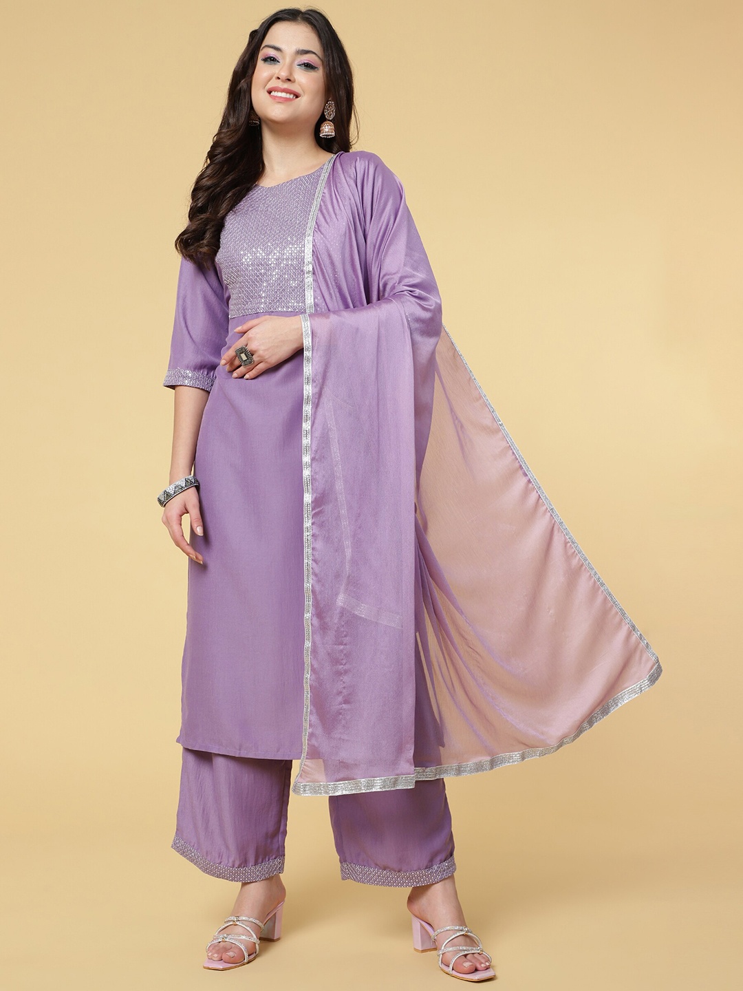 

J Turritopsis Embellished Sequined Kurta with Palazzos & Dupatta, Purple