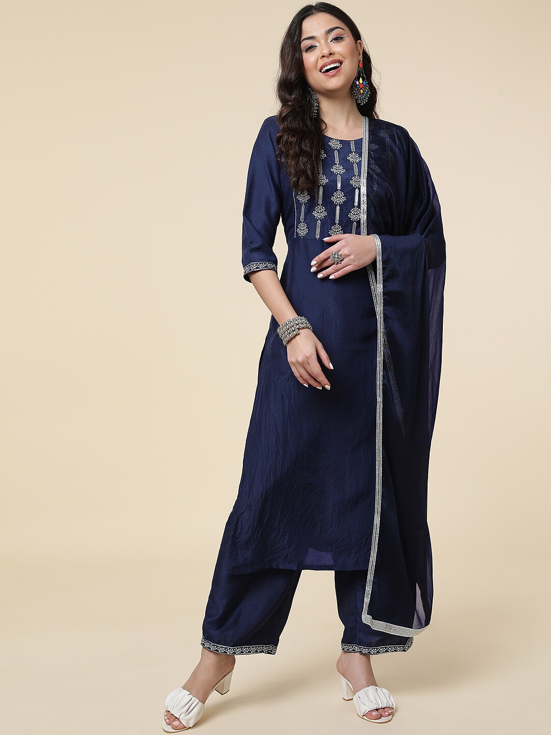 

J Turritopsis Ethnic Motifs Embroidered Kurta with Palazzos & Dupatta, Navy blue