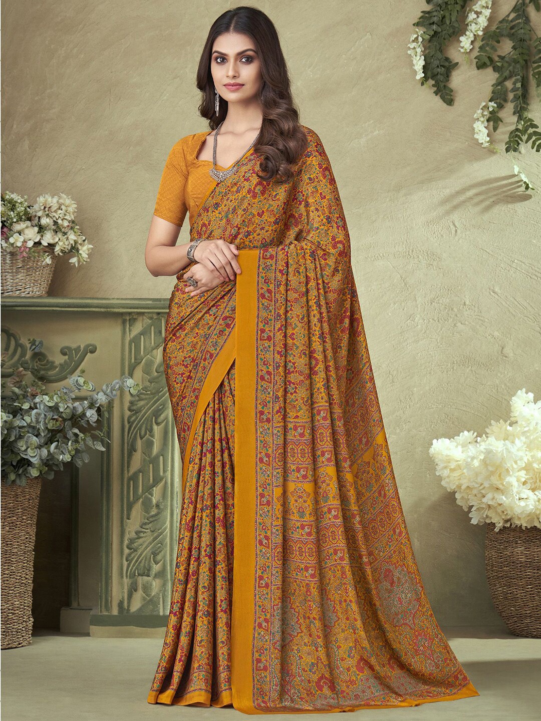 

Mitera Floral Printed Silk Blend Saree, Yellow