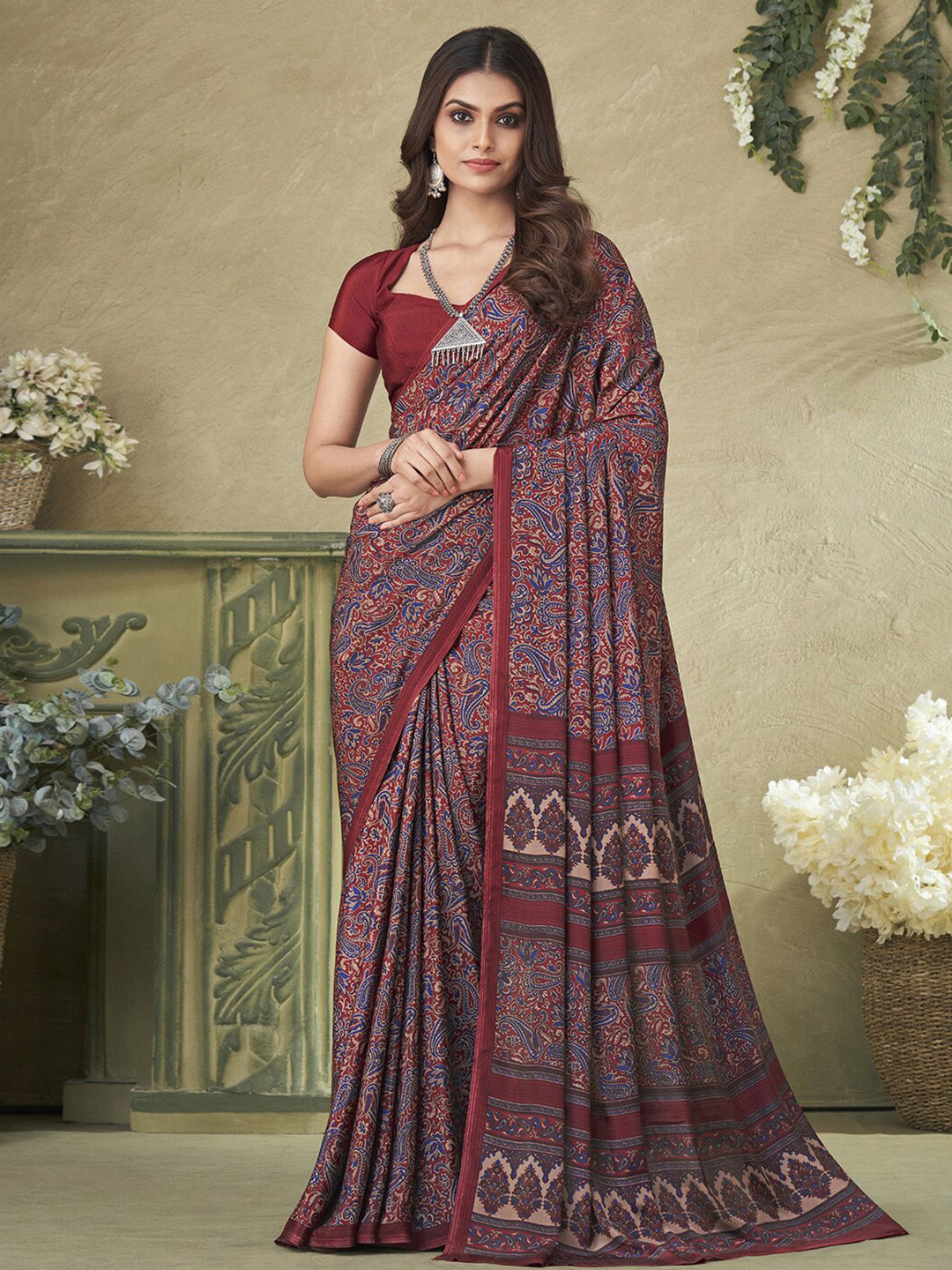 

Mitera Ethnic Motifs Printed Silk Blend Saree, Purple