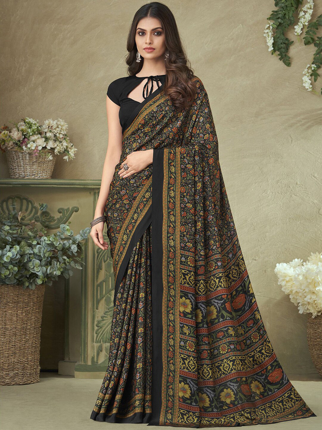 

Mitera Floral Printed Silk Blend Saree, Black