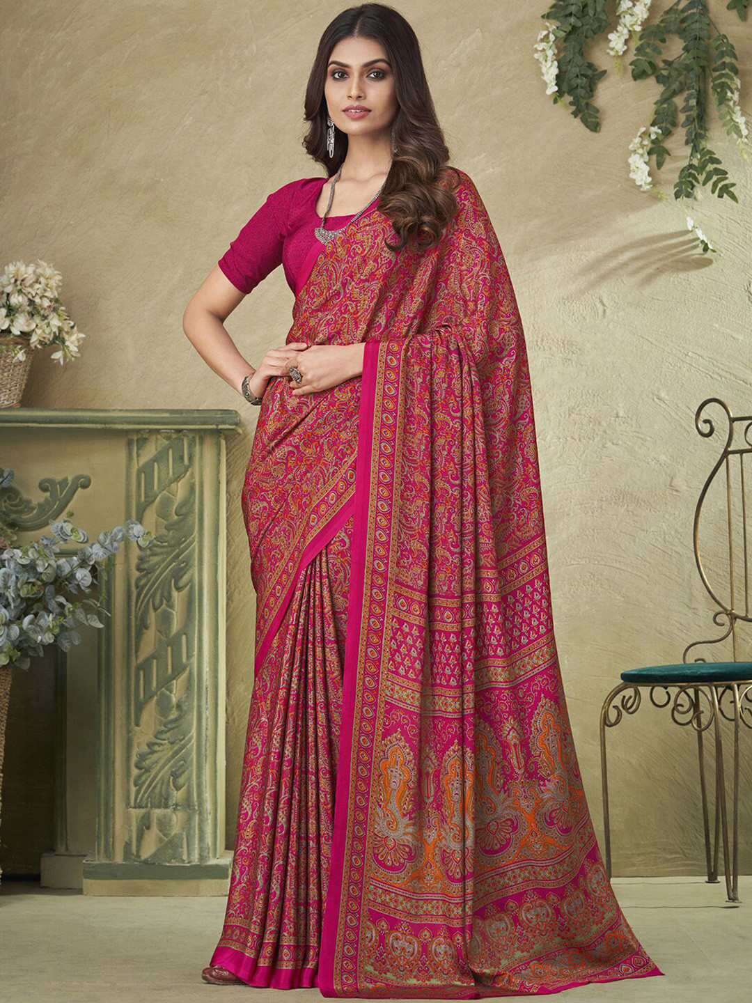 

Mitera Ethnic Motifs Printed Silk Blend Saree, Pink
