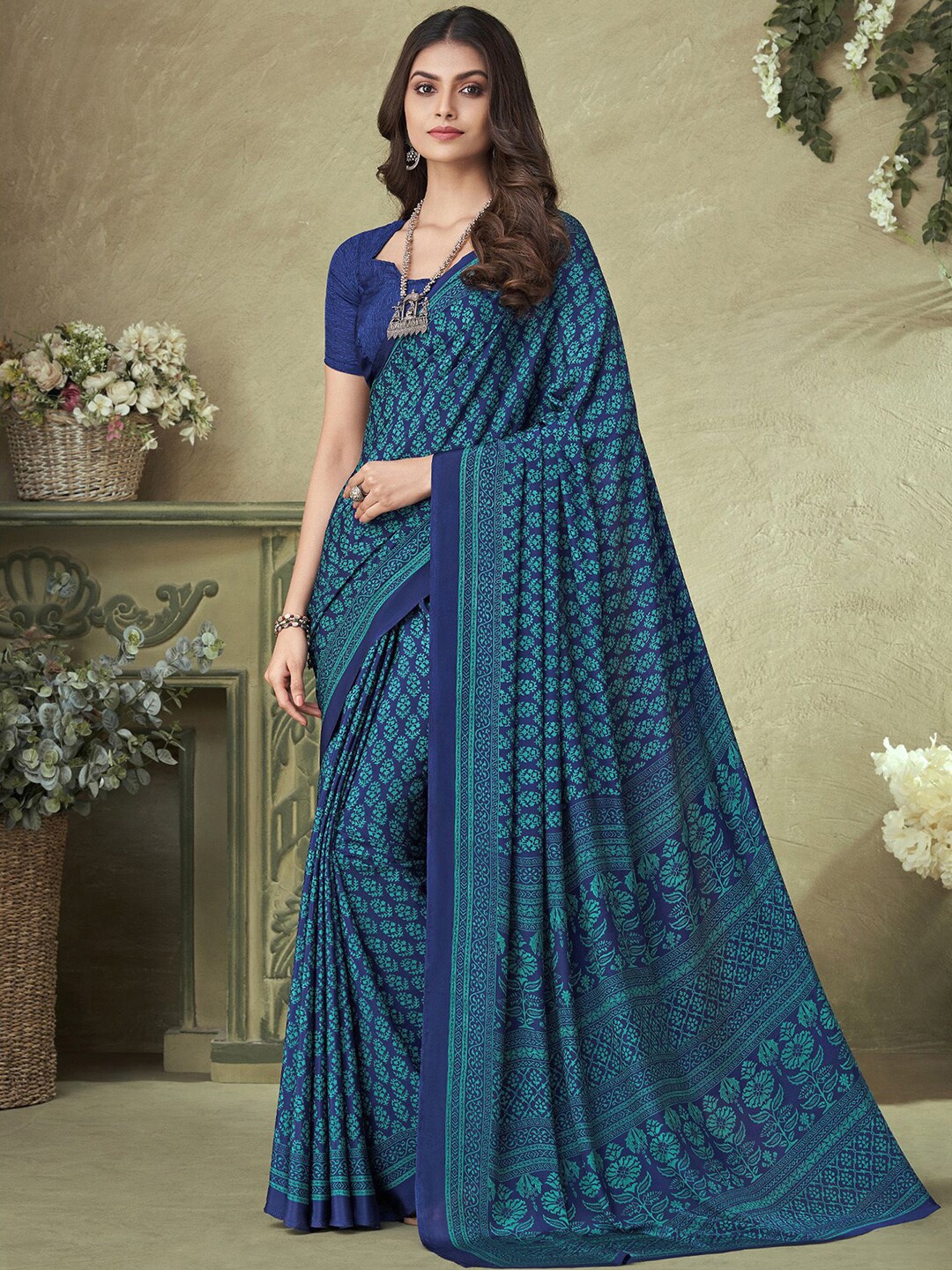 

Mitera Ethnic Motifs Printed Silk Blend Saree, Blue