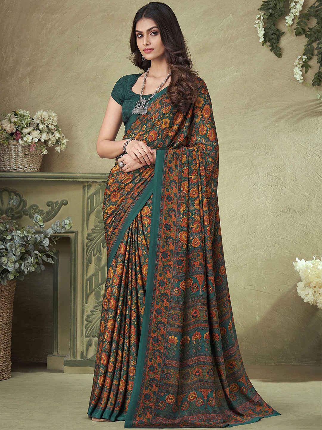 

Mitera Floral Silk Blend Saree, Green