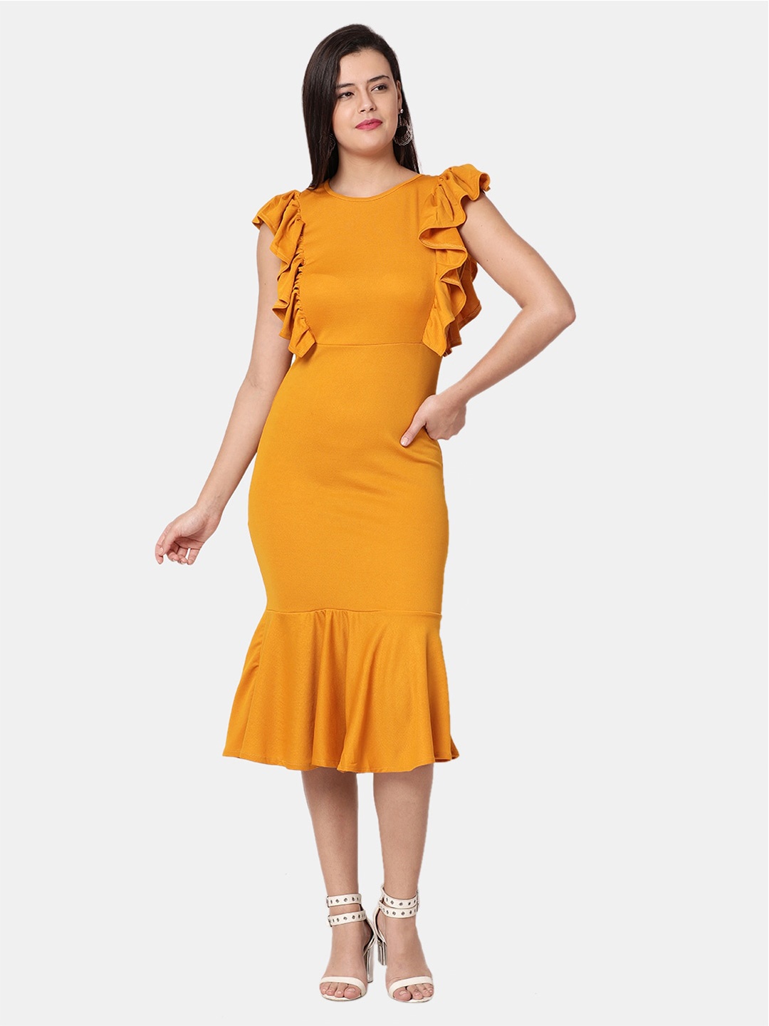 

Selvia Mustard Flutter Sleeve Sheath Midi Dress