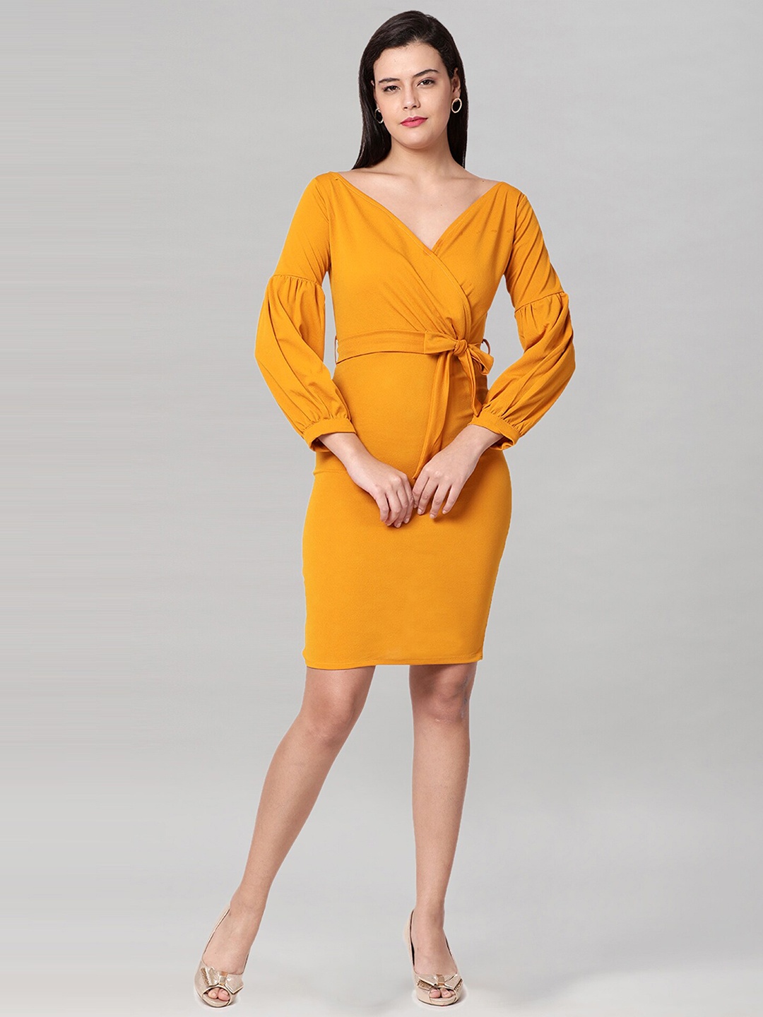 

Selvia V-Neck Wrap Dress With Belt, Mustard