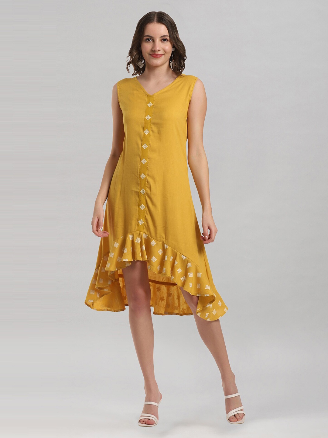 

Selvia V-Neck Hig-Low A-Line Dress, Mustard