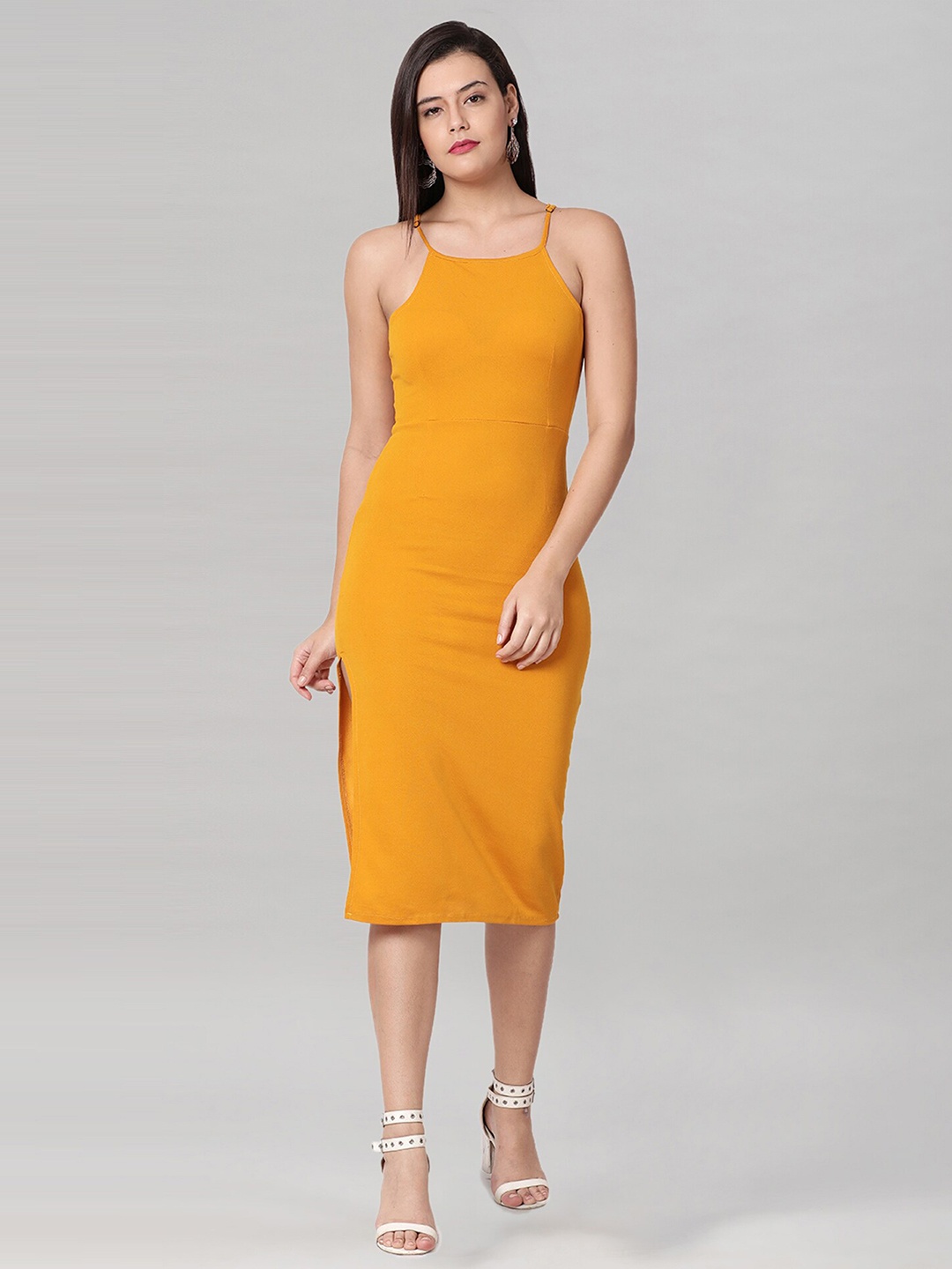 

Selvia Shoulder Straps Side Slit Sheath Midi Dress, Mustard