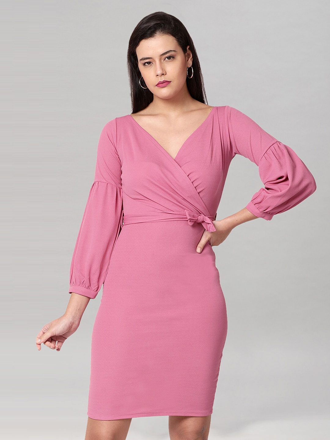 

Selvia V-Neck Puff Sleeve Wrap Dress With Belt, Pink