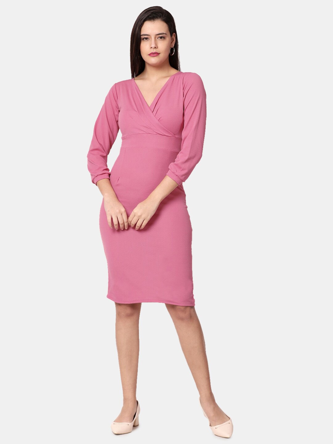 

Selvia V-Neck Cuffed Sleeves Sheath Dress, Pink