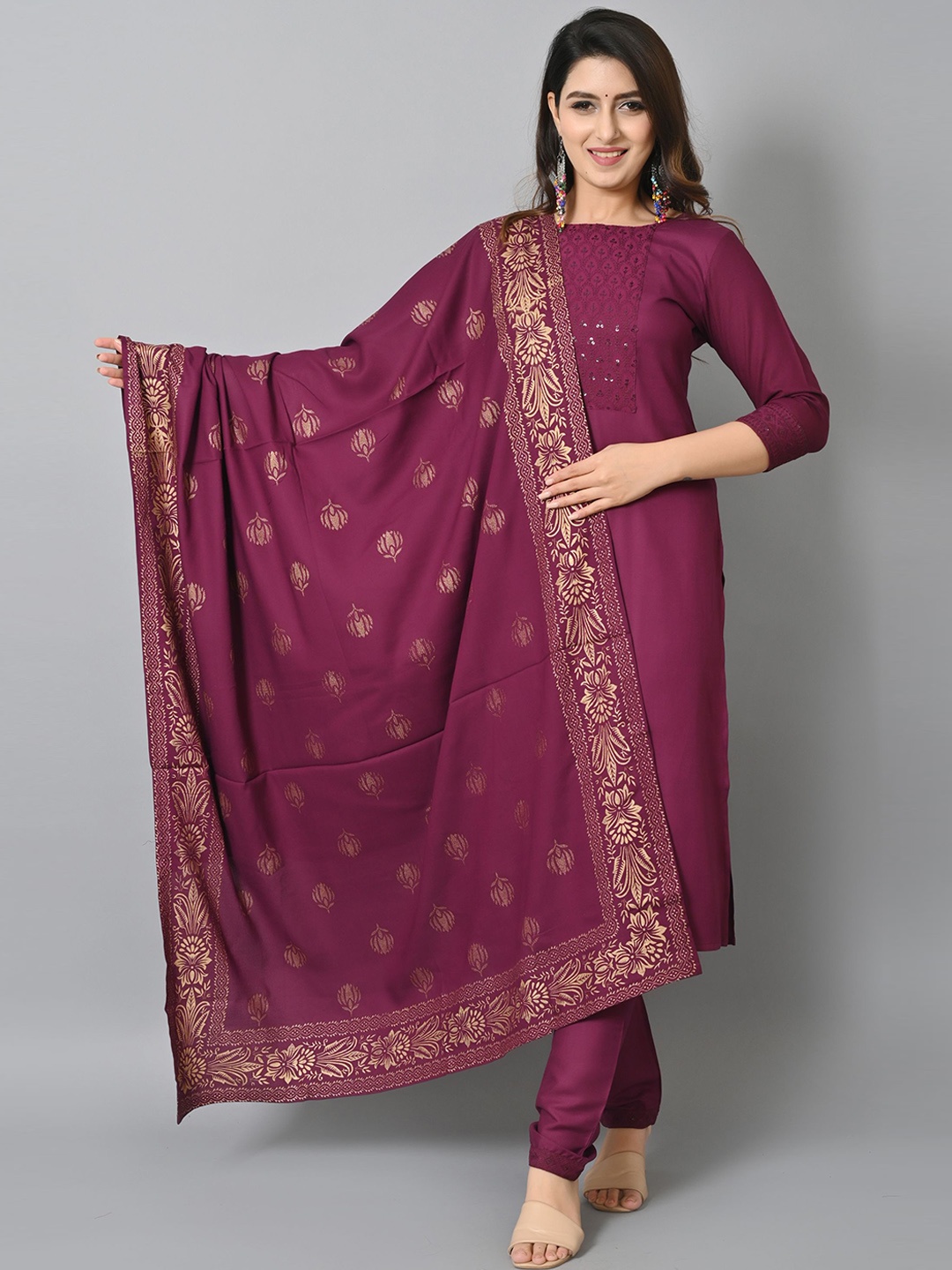 

VASTRAMANIAA Ethnic Motifs Yoke Design Sequinned Kurta with Churidar & Dupatta, Magenta