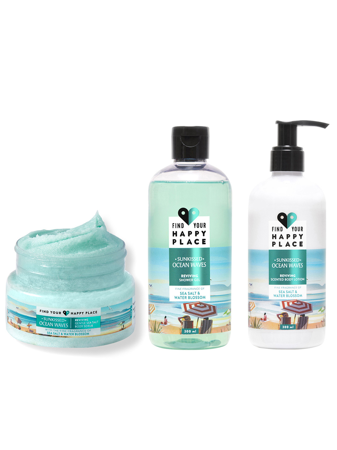 

FIND YOUR HAPPY PLACE Sunkissed Ocean Waves Reviving Shower Gel + Body Scrub + Body Lotion, Blue