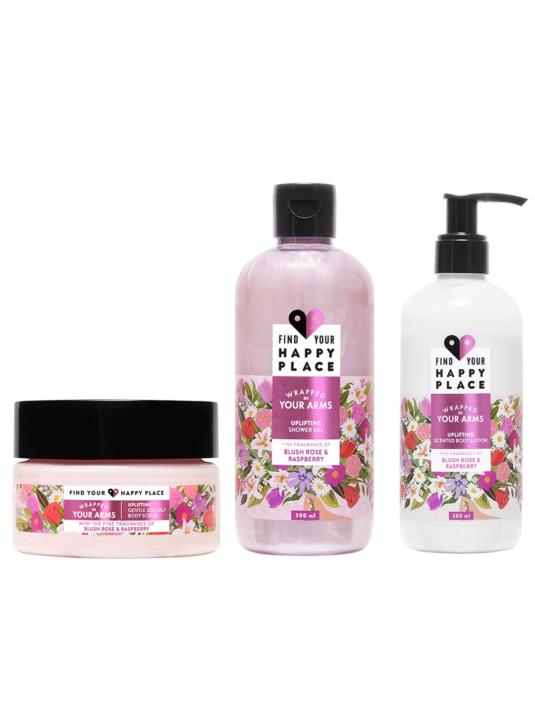 

FIND YOUR HAPPY PLACE Set of Wrapped In Your Arms Uplifting Shower Gel+Body Scrub+Lotion, Pink