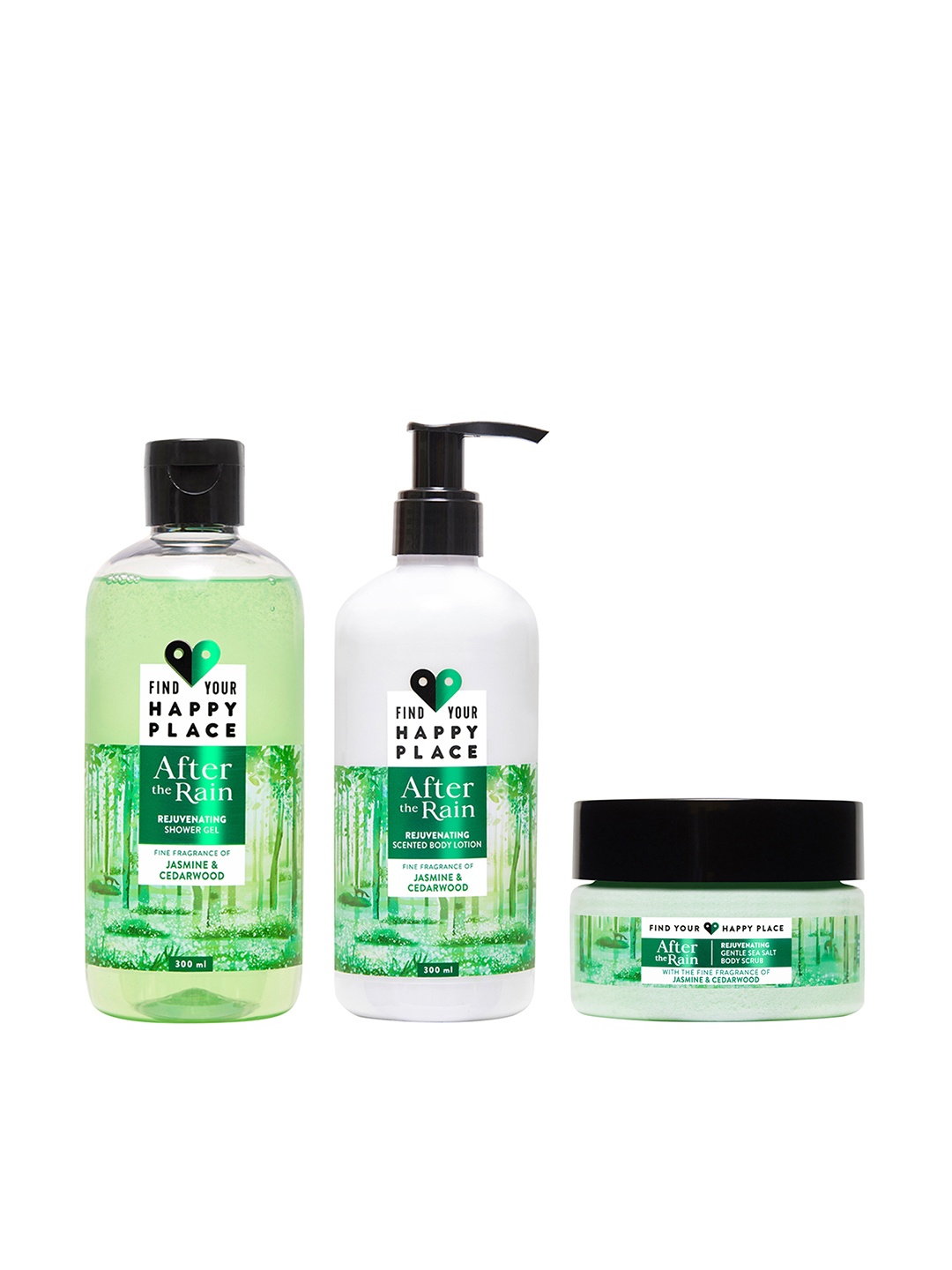 

FIND YOUR HAPPY PLACE Set of After The Rain Rejuvenating Shower Gel + Body Scrub + Lotion, Green