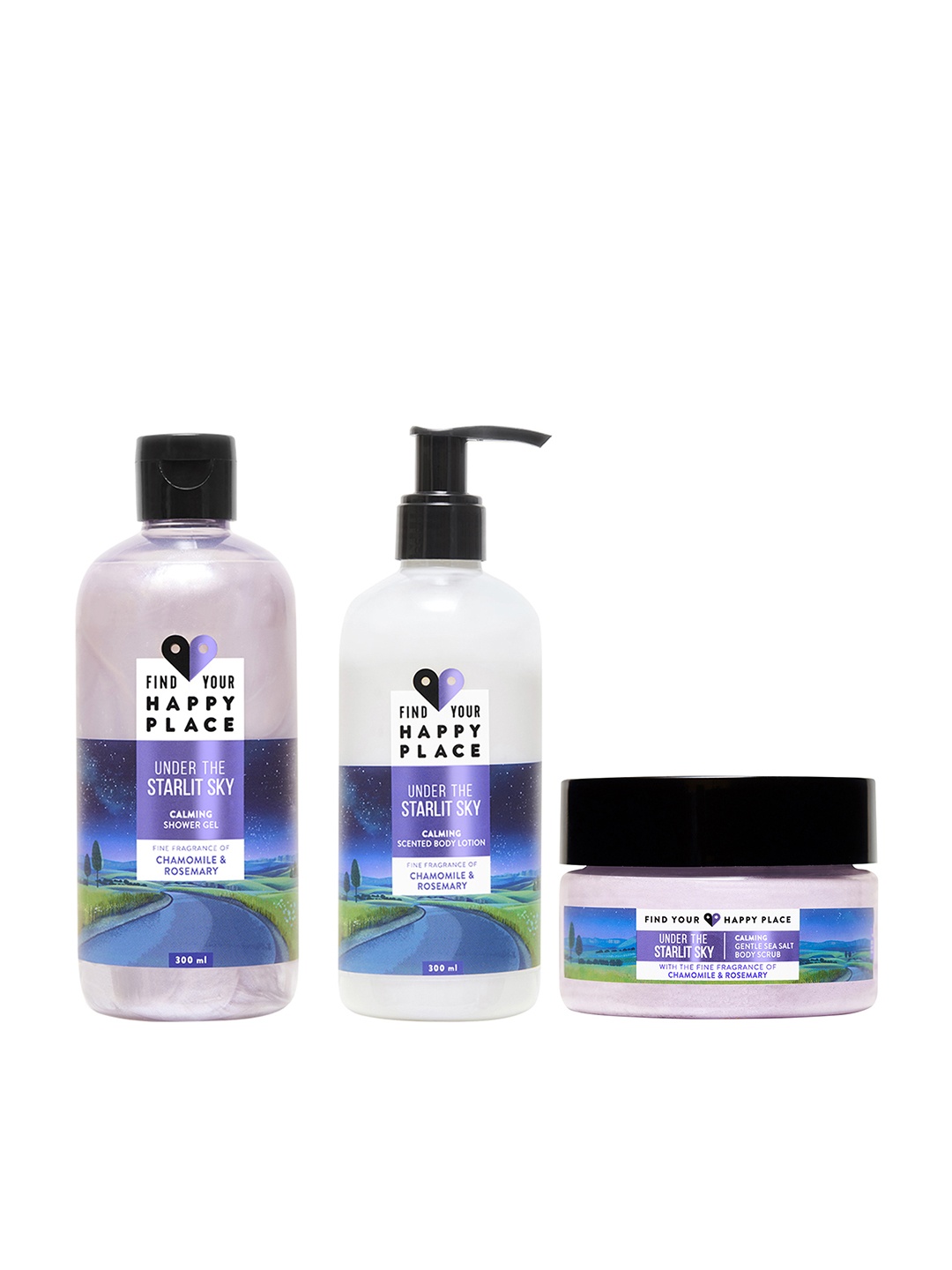 

FIND YOUR HAPPY PLACE Under The Starlit Sky Calming Shower Gel + Body Scrub + Lotion, Purple