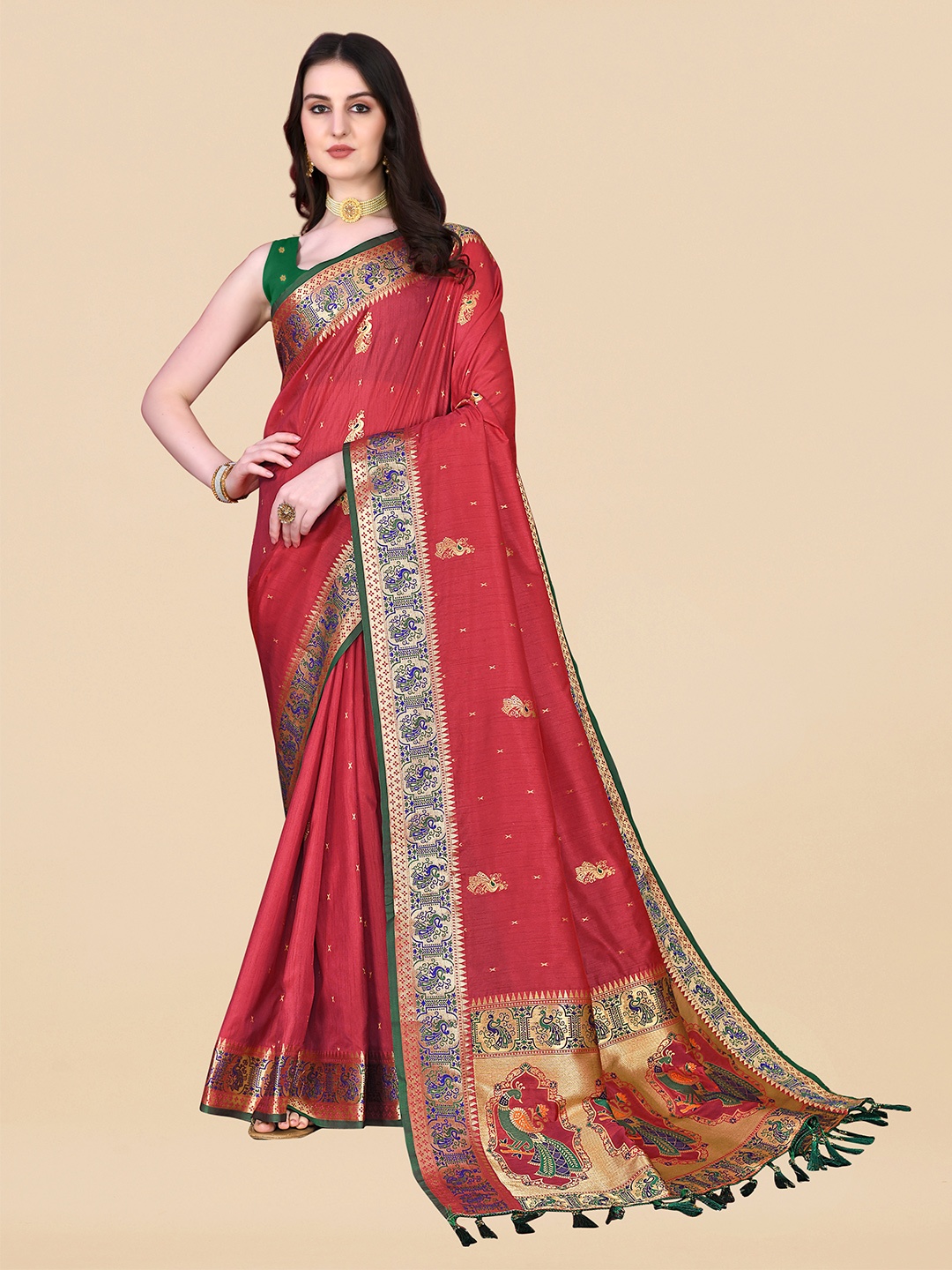 

MARGI DESIGNERS Woven Design Zari Art Silk Paithani Saree, Red