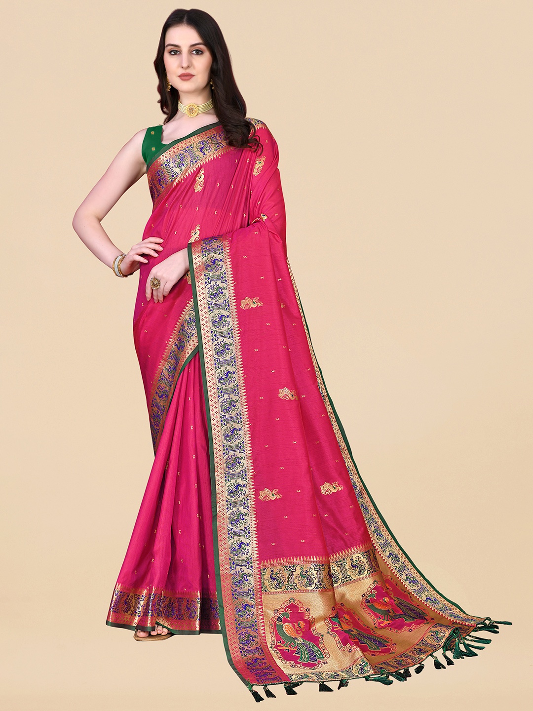 

MARGI DESIGNERS Woven Design Zari Art Silk Paithani Saree, Pink