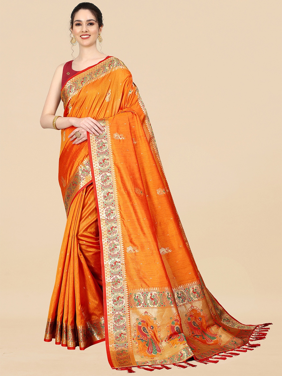 

MARGI DESIGNERS Woven Design Zari Art Silk Paithani Saree, Orange