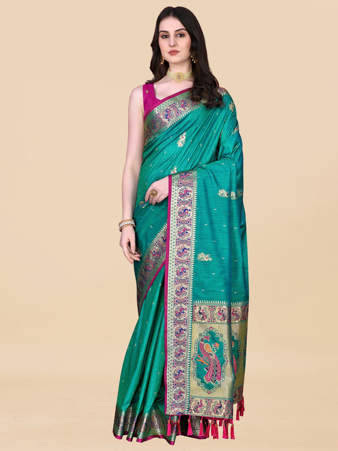 

MARGI DESIGNERS Woven Design Zari Art Silk Paithani Saree, Turquoise blue