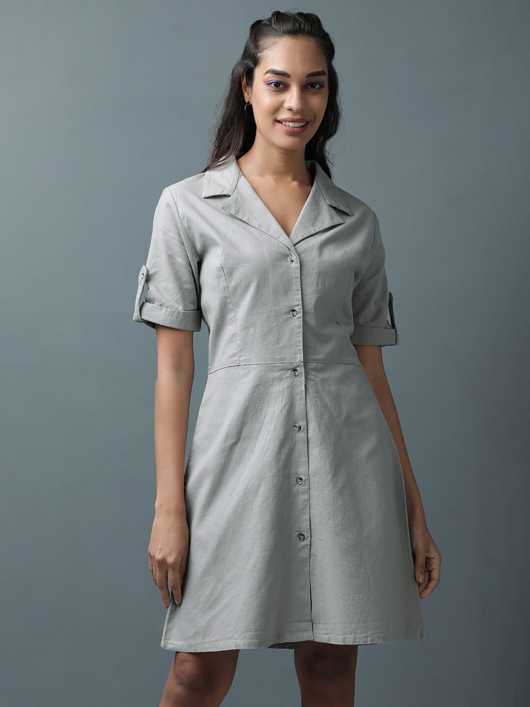 

Freehand by The Indian Garage Co Roll-Up Sleeves Pure Cotton Shirt Dress, Grey