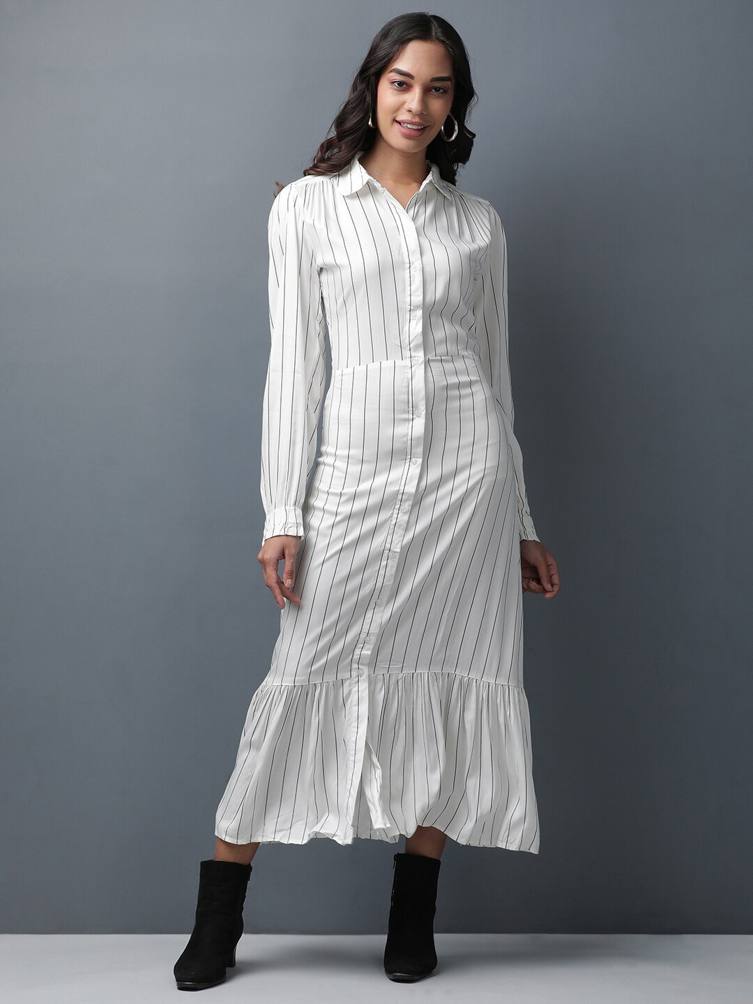 

Freehand by The Indian Garage Co Striped Shirt Midi Dress, White
