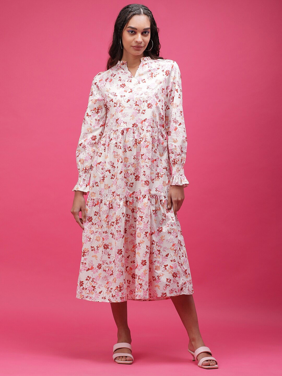 

Freehand by The Indian Garage Co Floral Printed Tiered Pure Cotton Fit Flare Midi Dress, Beige