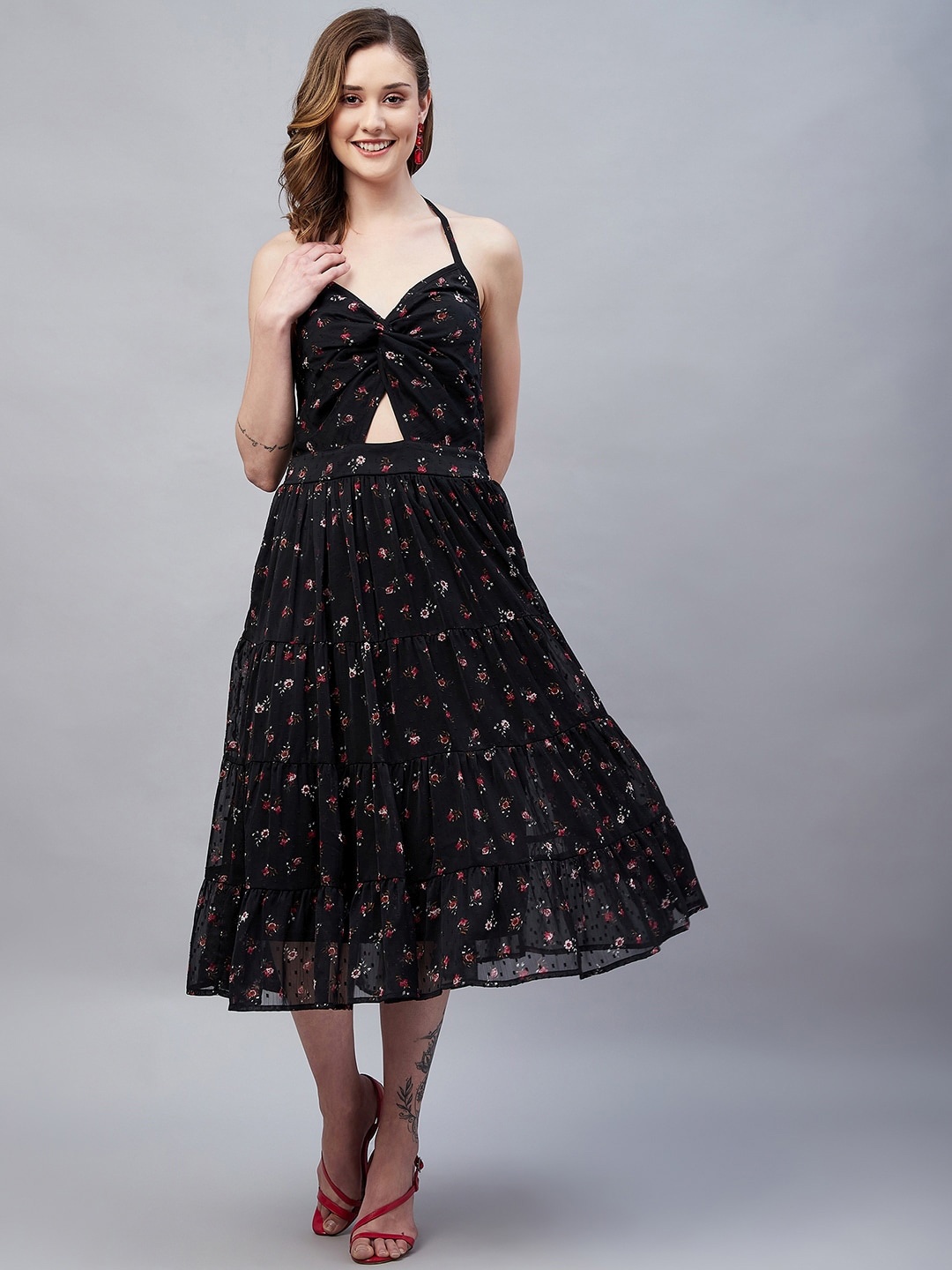 

RARE Shoulder Straps Floral Printed Tiered Chiffon Fit & Flare Midi Dress, Black