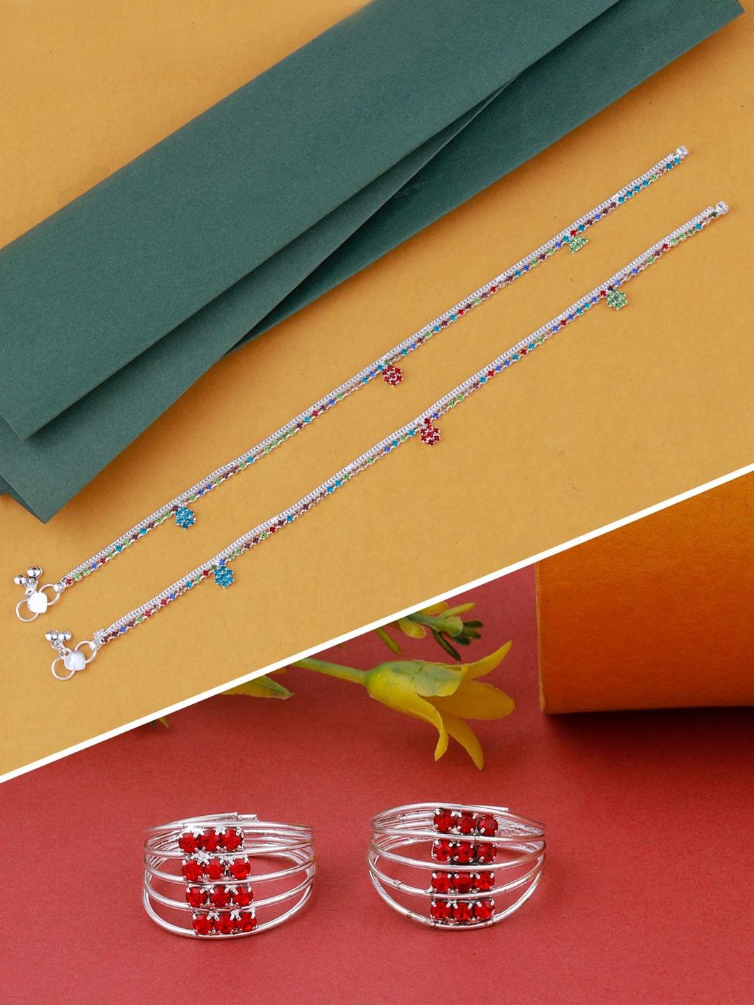 

Silver Shine Set of 2 Silver-Plated Traditional Toe Ring & Chain Anklet