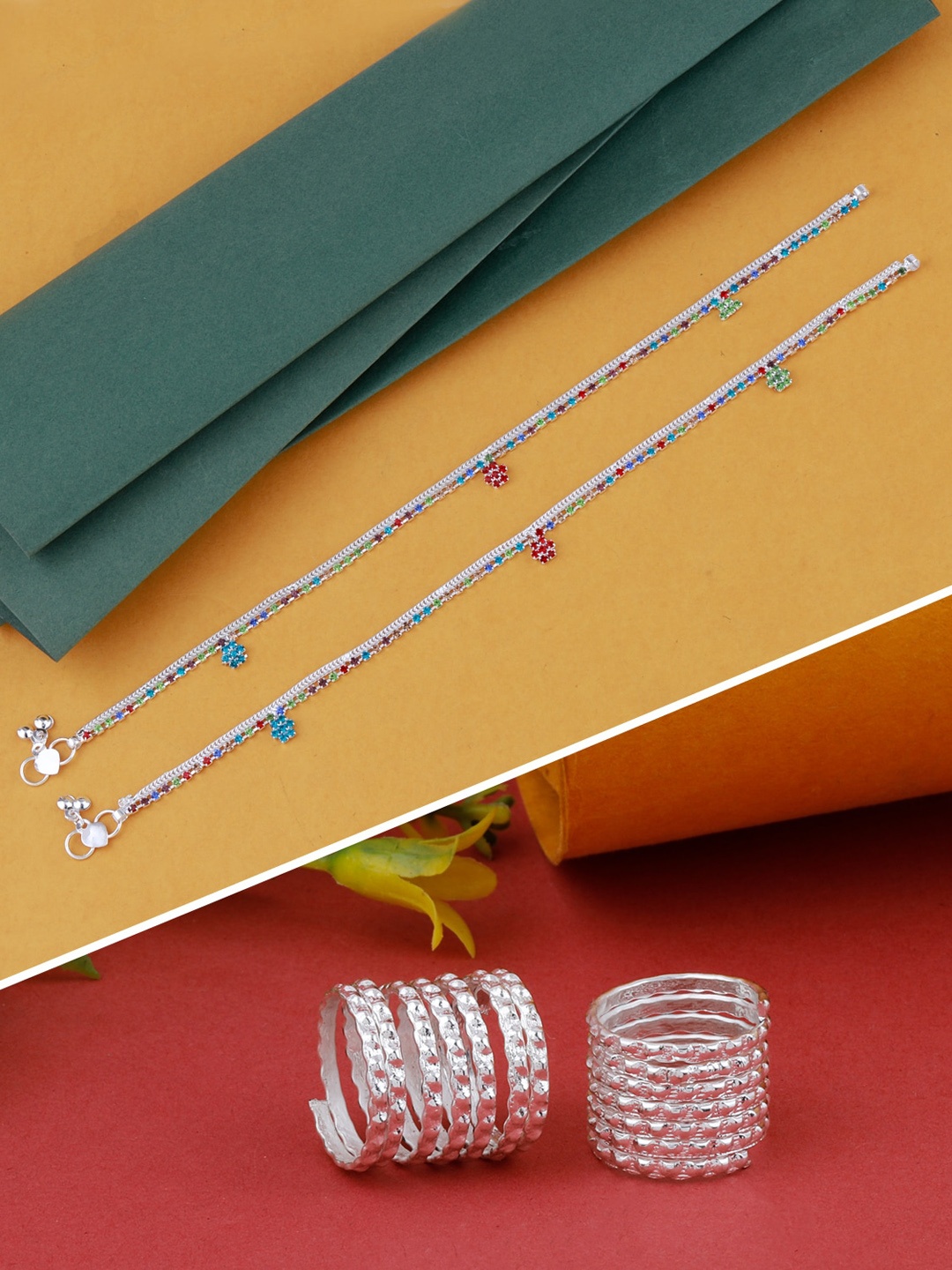

Silver Shine Women Set of 2 Silver-Plated Traditional Toe Rings with Anklet