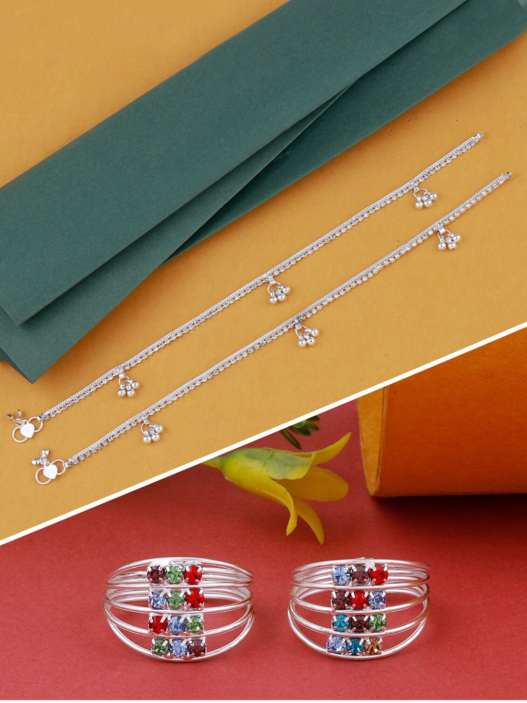 

Silver Shine Set of 2 Silver-Plated Traditional Studded Toe Rings with Anklet