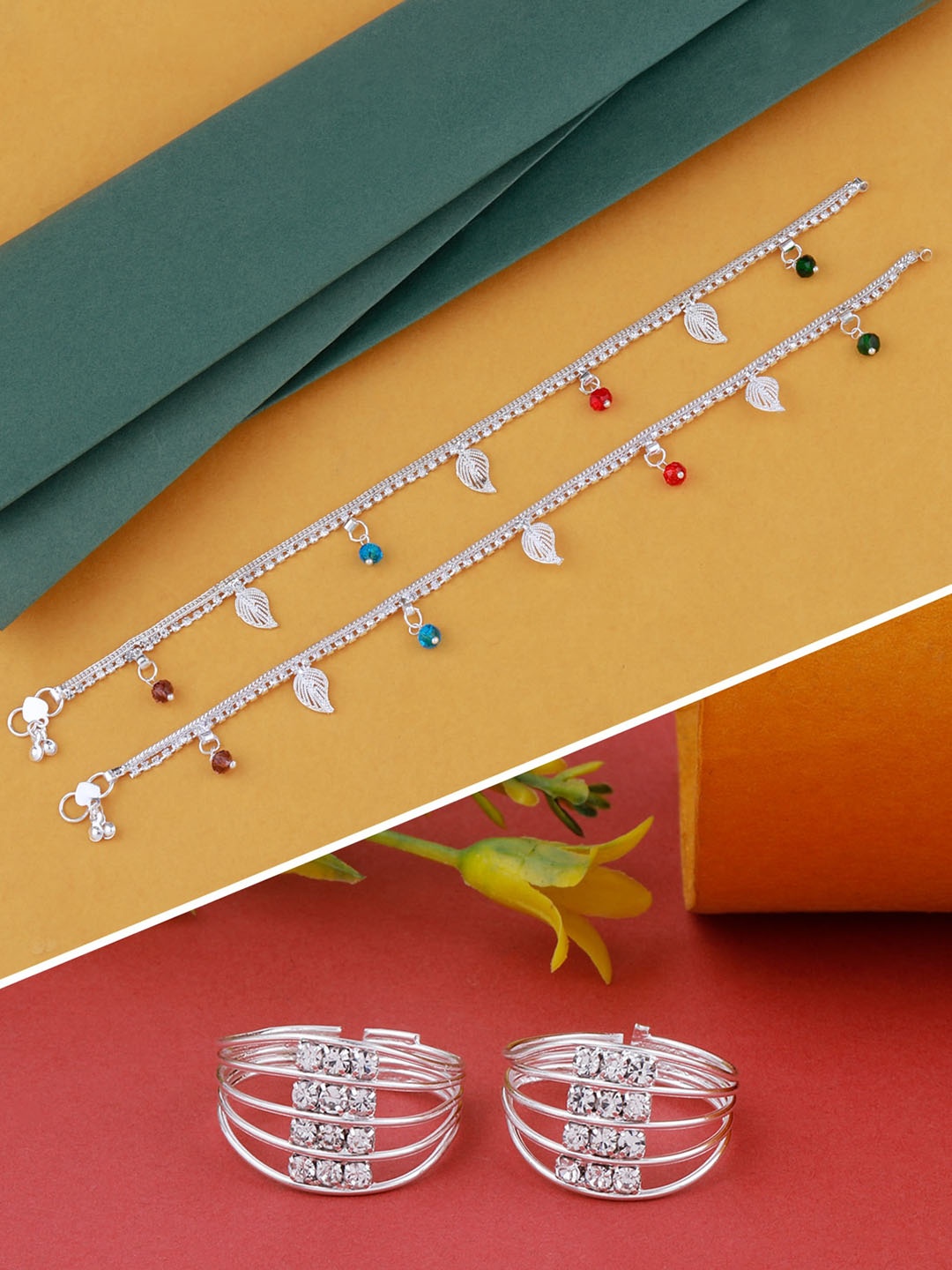 

Silver Shine Silver-Plated Studded Anklets With Toe Rings