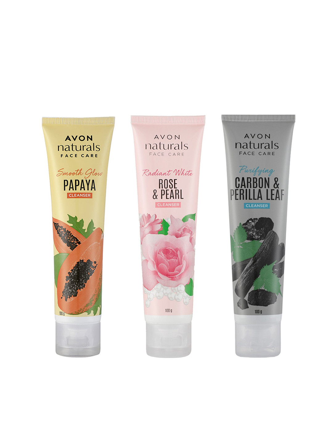 

Avon Set Of 3 Face Cleanser - Papaya + Rose & Pearl + Carbon & Perilla Leaf - 100g Each, Yellow