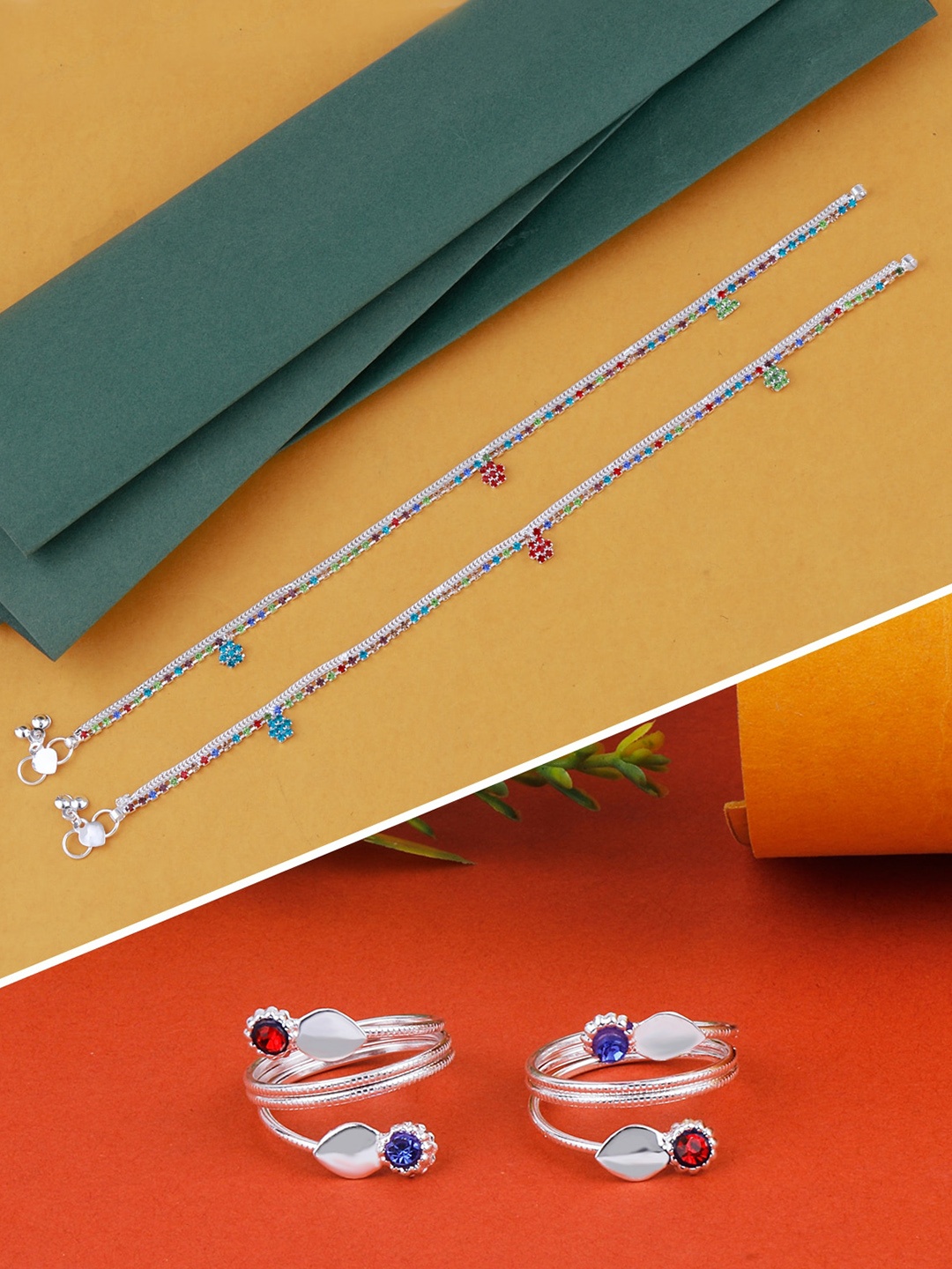 

Silver Shine Set of 2 Silver-Plated Traditional Studded Toe Rings with Anklet