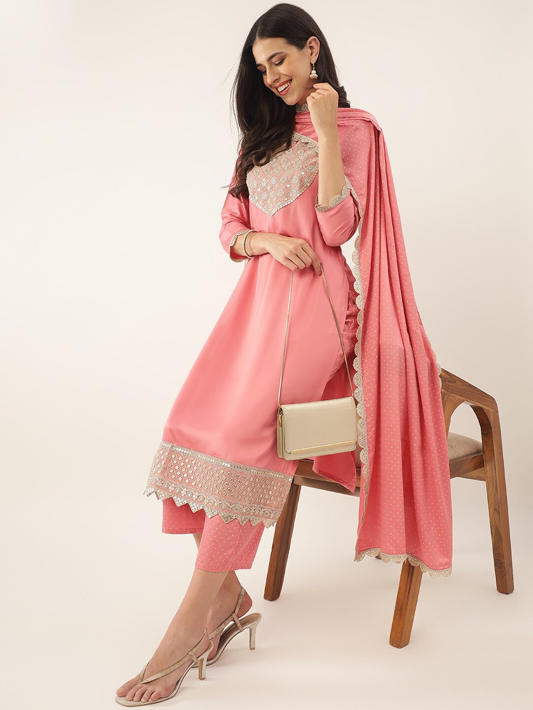 

Khushal K Ethnic Motifs Yoke Design Sequinned Kurta with Trousers & Dupatta, Pink