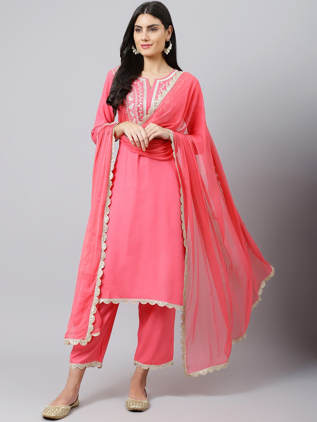 

Khushal K Floral Yoke Design Kurta with Palazzos & Dupatta, Pink