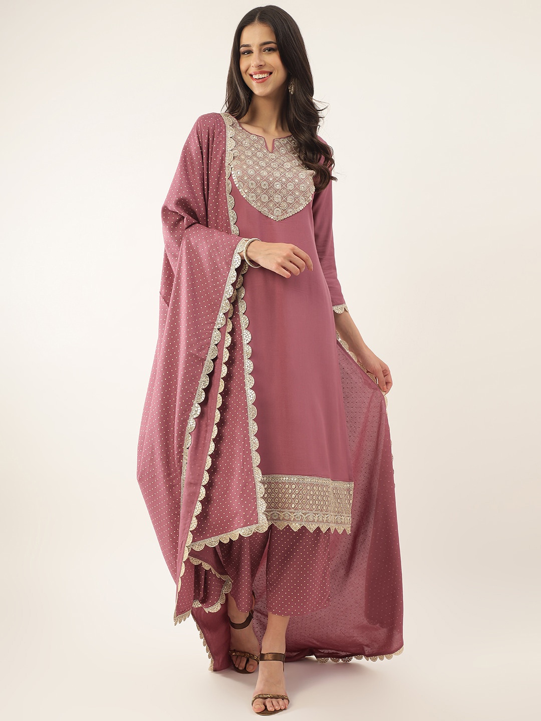 

Khushal K Ethnic Motifs Yoke Design Sequinned Kurta with Trousers & Dupatta, Pink