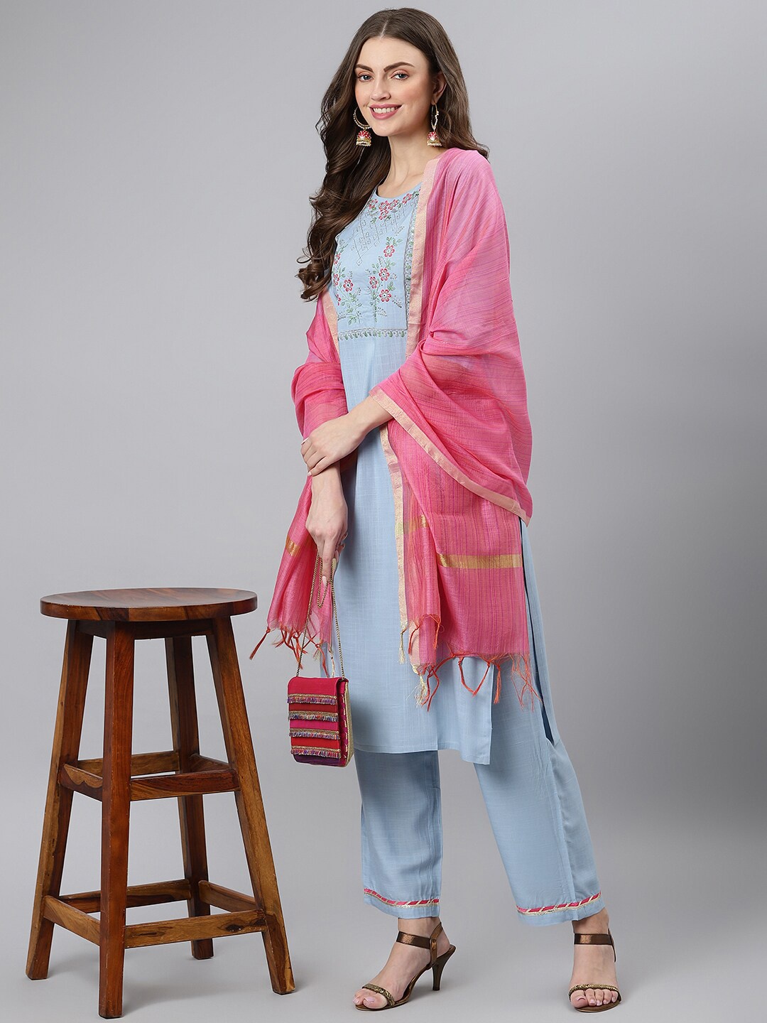 

Khushal K Floral Embroidered Sequinned Kurta with Palazzos & Dupatta, Blue