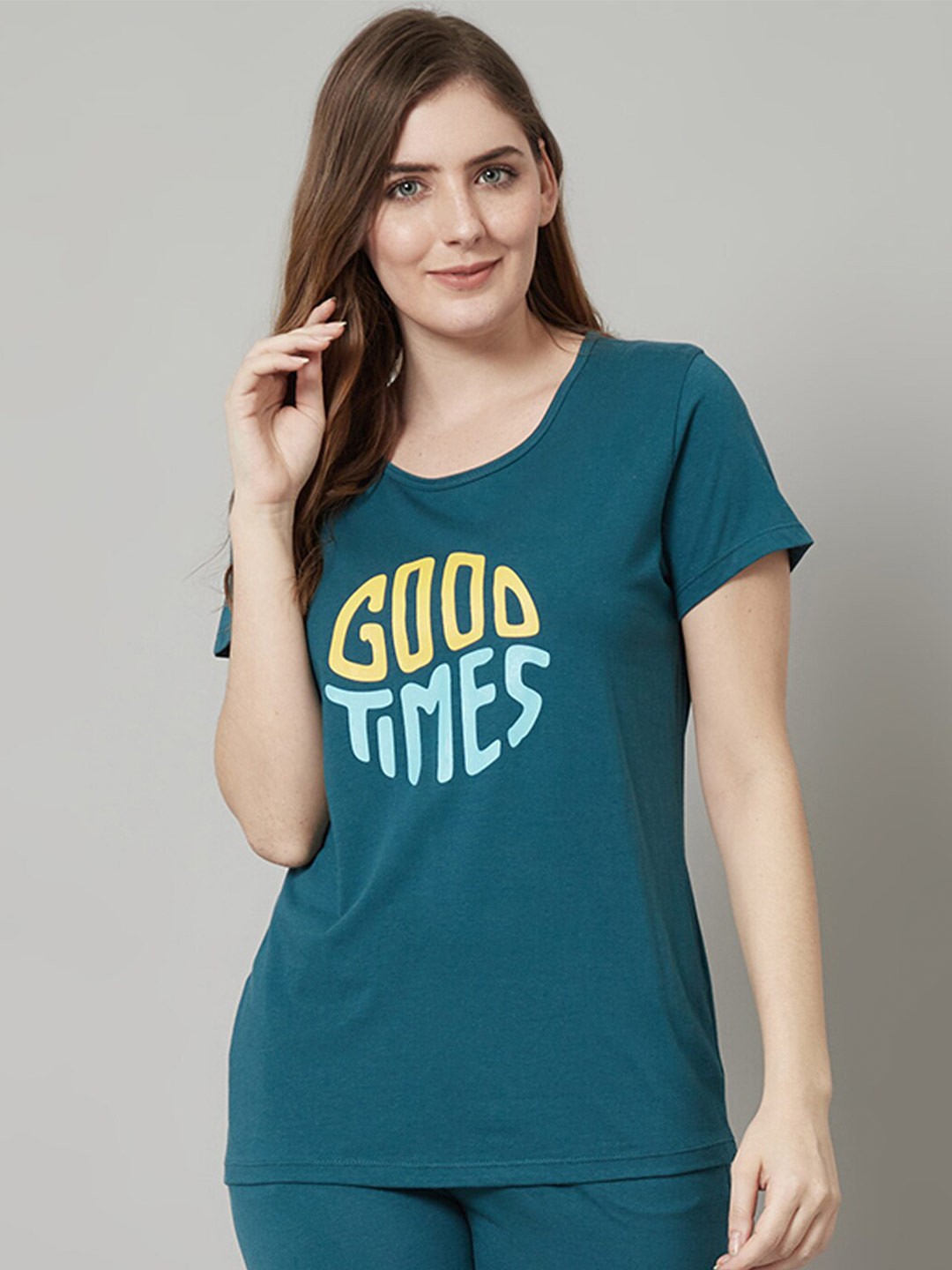 

Kanvin Typography Printed Scoop Neck T-shirt, Teal