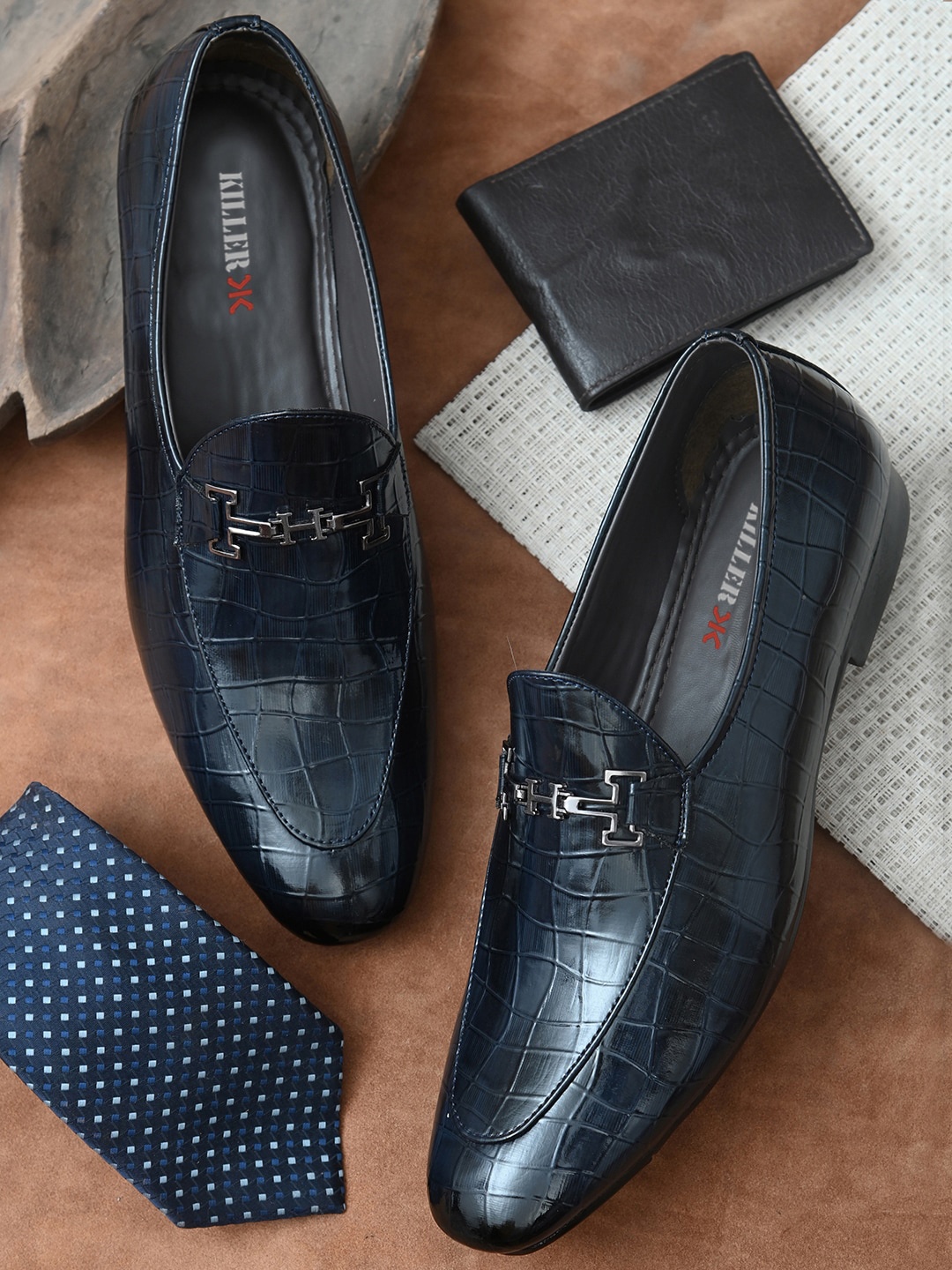 

Killer Men Textured Memory Form & Slip-Resistant Leather Formal Horsebit Loafers, Navy blue