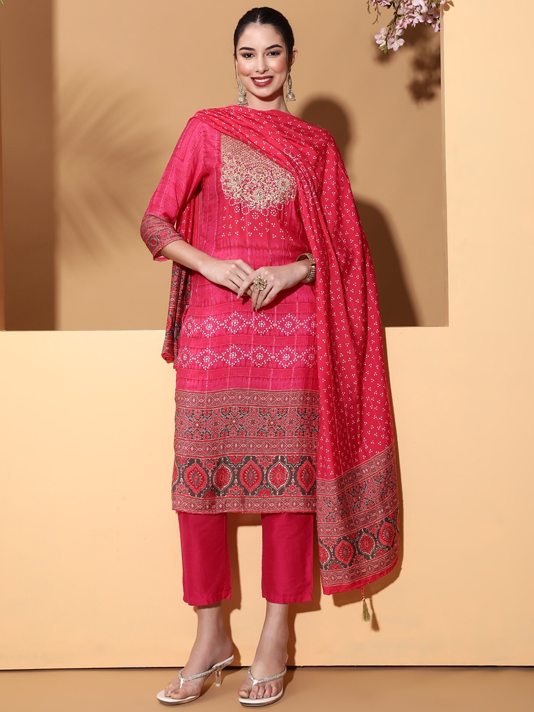 

Be Indi Bandhani Printed Mirror Work Zari Kurta with Trousers & Dupatta, Fuchsia